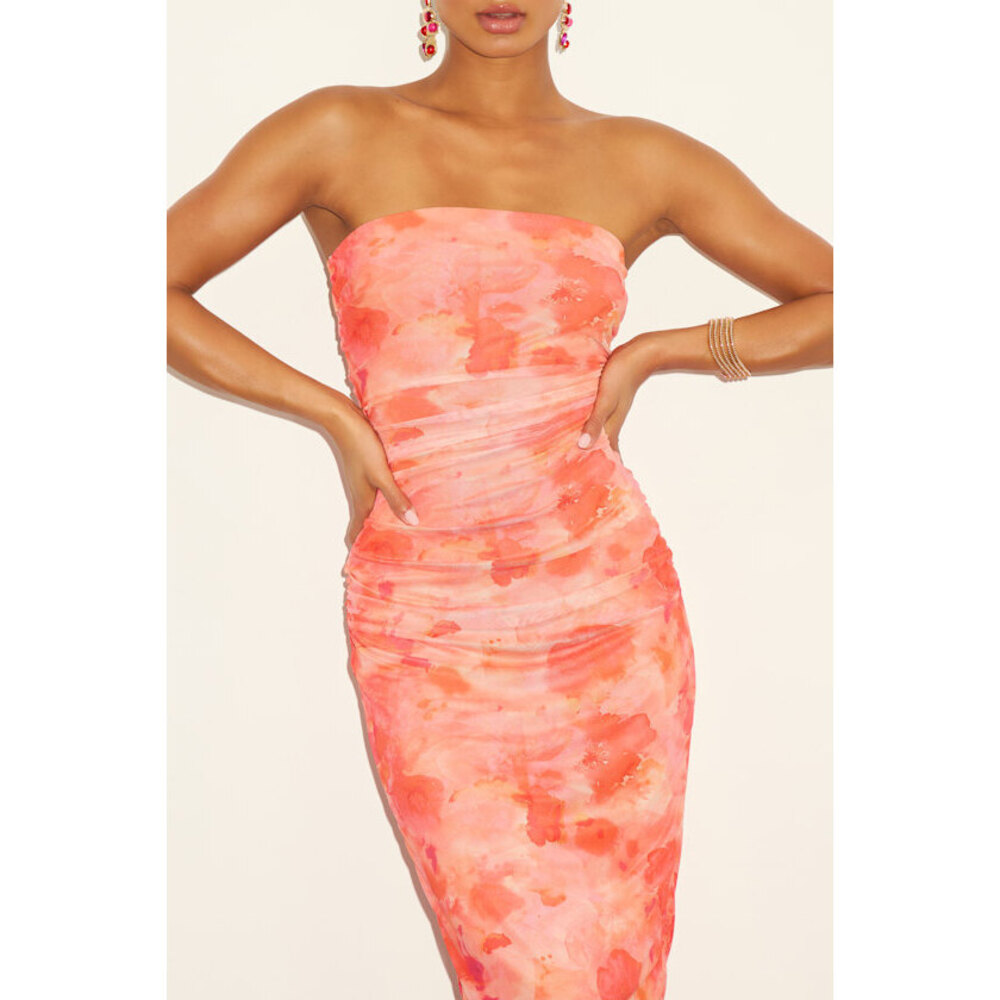 Lulus Late Night Crush Orange Multi Mesh Ruched Strapless Midi Dress - Size M